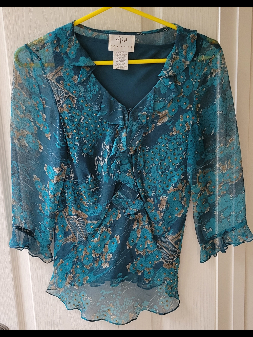 Teal Floral Silk Ruffle-Front Blouse
